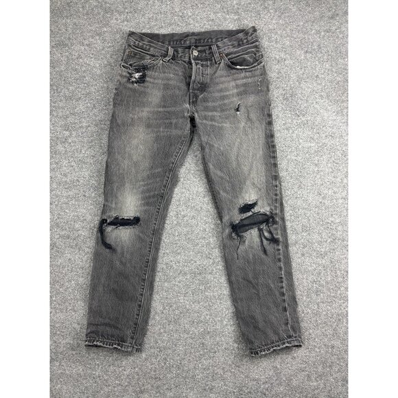 Levis 501 CT Jeans Mens 26x32 Black Distressed Tapered Button Fly Denim Ripped - Picture 1 of 11
